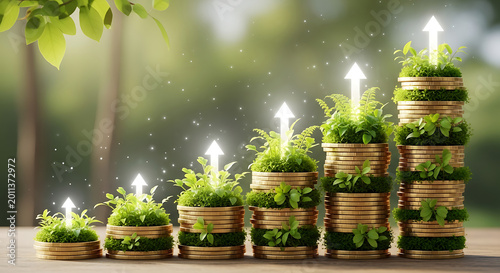 Stacked coins with growing plants representing financial growth and sustainability