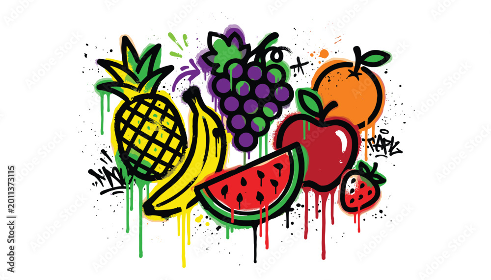 Fototapeta premium Colorful graffiti style fruit assortment with pineapple banana grapes apple orange watermelon strawberry and splashes.