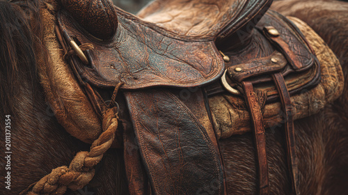 closeup of antique leather saddle featuring rough rustic texture and empty backdrop suitable for equestrian and western themes