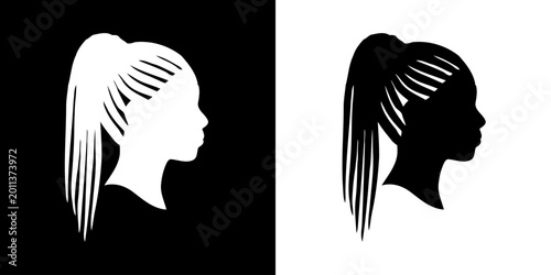 Foto Contrasting graphic silhouettes of a woman's profile with a high ponytail