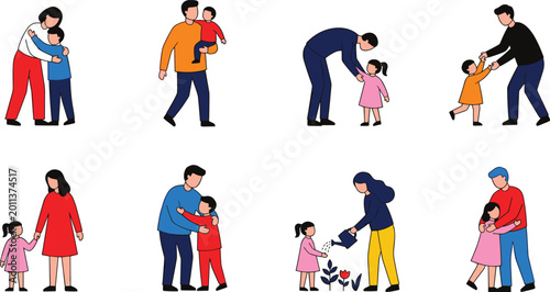 Fotografía Cartoon vector illustration of adults caring for children through nurturing acti