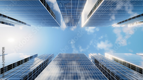 3D rendering of modern skyscrapers viewed from upward perspective against copy space on clear blue sky, reflects city growth, economic development, and innovative design. Suitable for background.