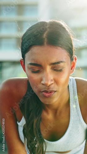 Thinking, woman and fitness in city, tired and athlete with health goals and cool down with fatigue. Runner, breathe and person with exhaustion on break, wellness and outdoor with burnout or recovery