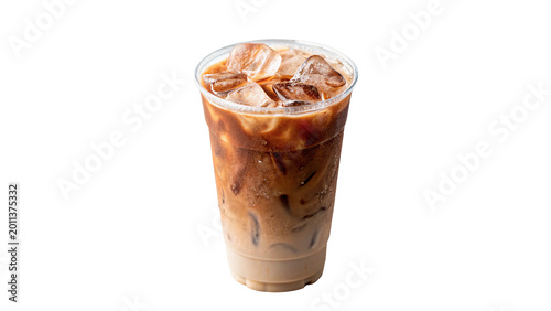 Tableau sur toile Refreshing iced coffee with milk in a clear plastic cup with a lid for summer be