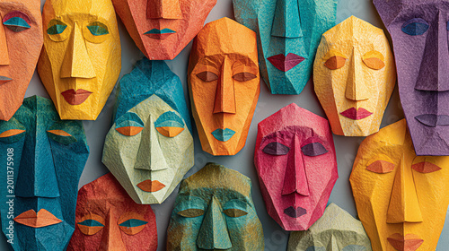 symbolic paper face origami artwork representing social awareness communication and mental well being through colorful abstract design