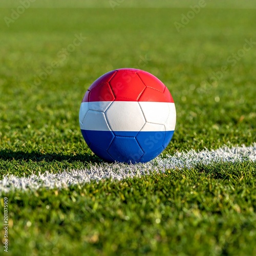 Soccer ball on a green field with the Netherlands flag on it