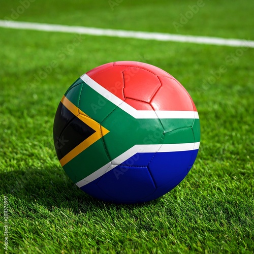 Soccer ball on a green field with the South Africa flag on it