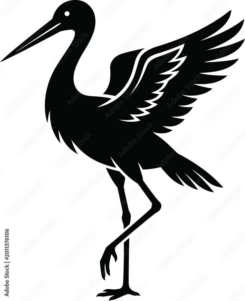 Fototapeta premium Black silhouette of a bird standing on one leg with wings spread