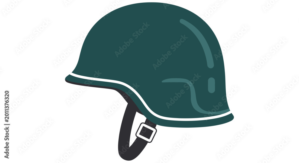 Fototapeta premium A dark teal military helmet illustration with a white trim and black chinstrap