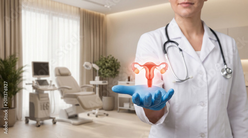 Physician showing uterus illustration, visualizing reproductive system for healthcare guidance.