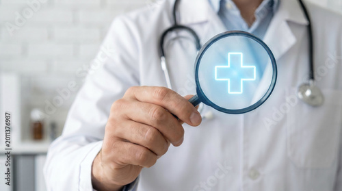 Doctor holding magnifying glass over medical cross, healthcare, hospital, professional medical consultation, health services concept.