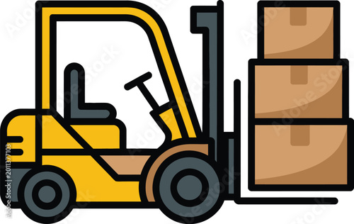 Yellow forklift lifting stacked boxes during daytime with clean background vector illustration