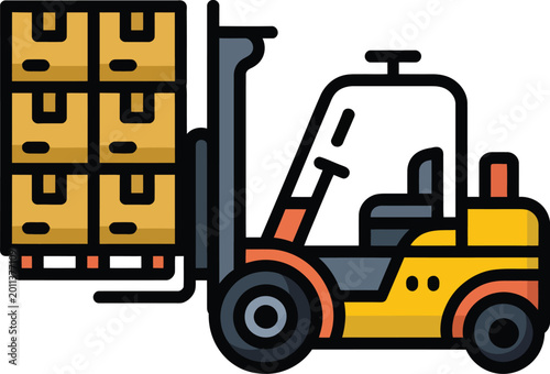 Yellow forklift lifting pallet with stacked boxes during warehouse operations in flat design style