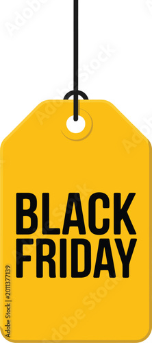 Yellow tag with BLACK FRIDAY text hanging on string during sale event vector illustration