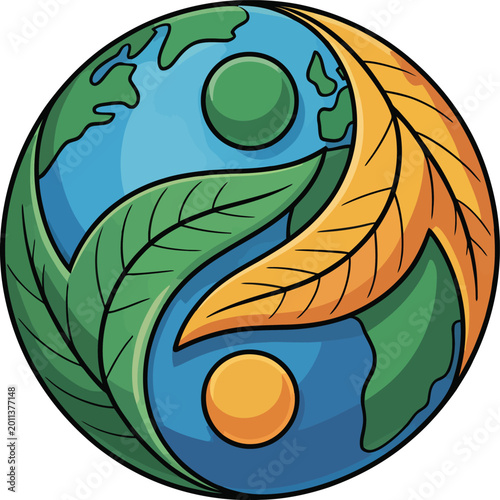 Yin Yang Earth Leaves symbolizing balance between nature and seasons with sun and moon