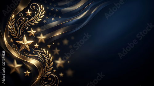 Elegant Patriotic background with flowing golden stars and laurel leaves on navy blue