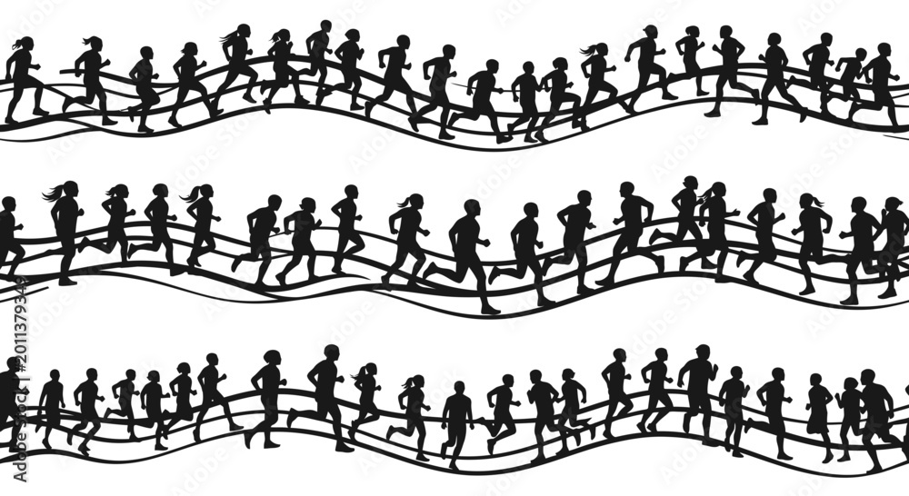 Fototapeta premium Silhouette Runners Marathon Crowd on Wavy Lines