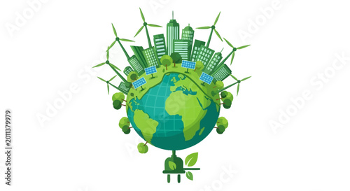 Sustainable Green City on Earth with Wind Turbines and Solar Panels