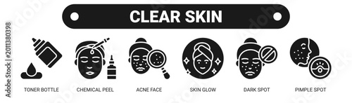 Clear Skin web banner icon vector illustration concept with icons of toner bottle, chemical peel, acne face, skin glow, dark spot, and pimple spot. 