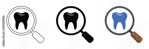 Bilde på lerret Magnifying glass icons with tooth symbols set for dental search, diagnosis, and oral care vector illustration