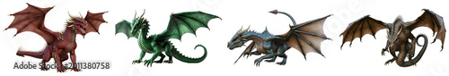 Fotografie Four different fantasy dragons with wings spread on a black background