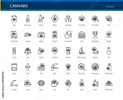 Tableau sur toile Cannabis Plant Herb Medical Wellness Leaf Icon Set