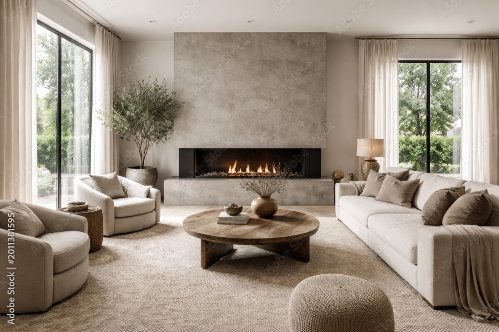 Fototapeta premium Spacious living room design highlighting a concrete fireplace and neutral color palette
