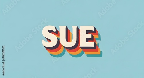 Retro 3d typography of the name sue with colorful layered drop shadow effect on a light blue background