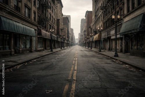 Vacant downtown street featuring empty storefronts and muted colors