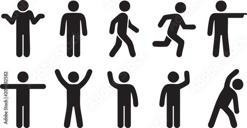 Stickman Set of Minimalist Human Pose Icons - pictogram, silhouette, action, vector