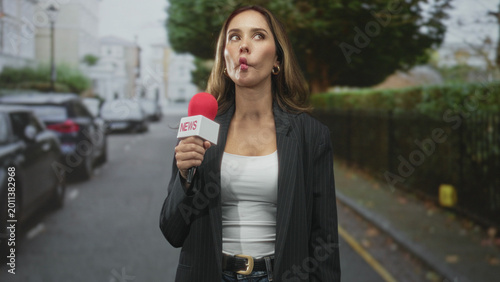 Tableau sur toile Woman reporter in blazer holds red microphone and puckers lips on street beside parked cars and a fence; playful mischief