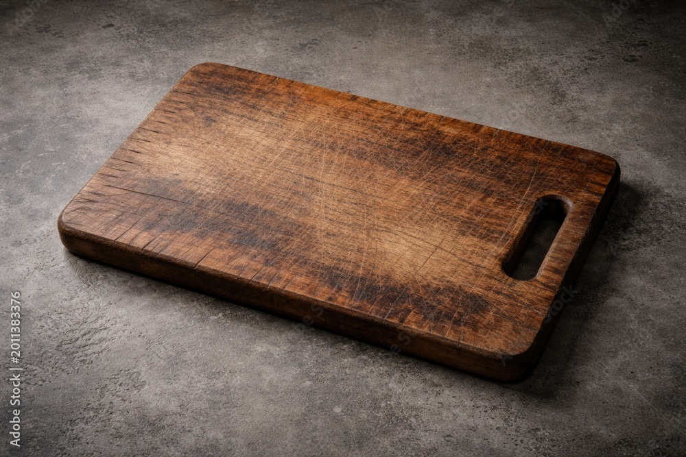 Fototapeta premium Gray concrete surface featuring worn cutting board backdrop for cooking
