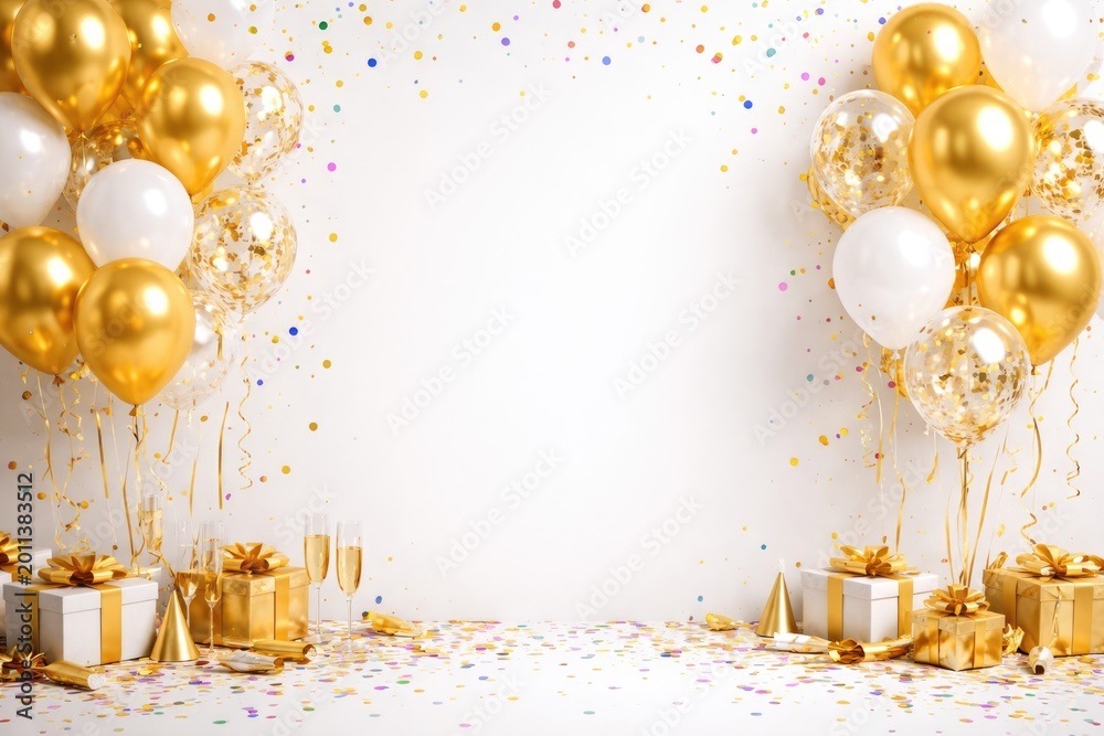 Fototapeta premium White background party setup with balloons in gold and white plus colorful confetti copy space