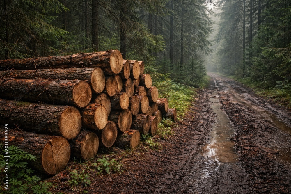 Fototapeta premium Wood logs piled beside a muddy trail through thick forest