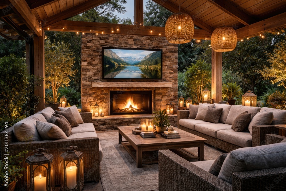 Obraz premium Sophisticated outdoor relaxation area with TV, stone fireplace, and neutral color sofa