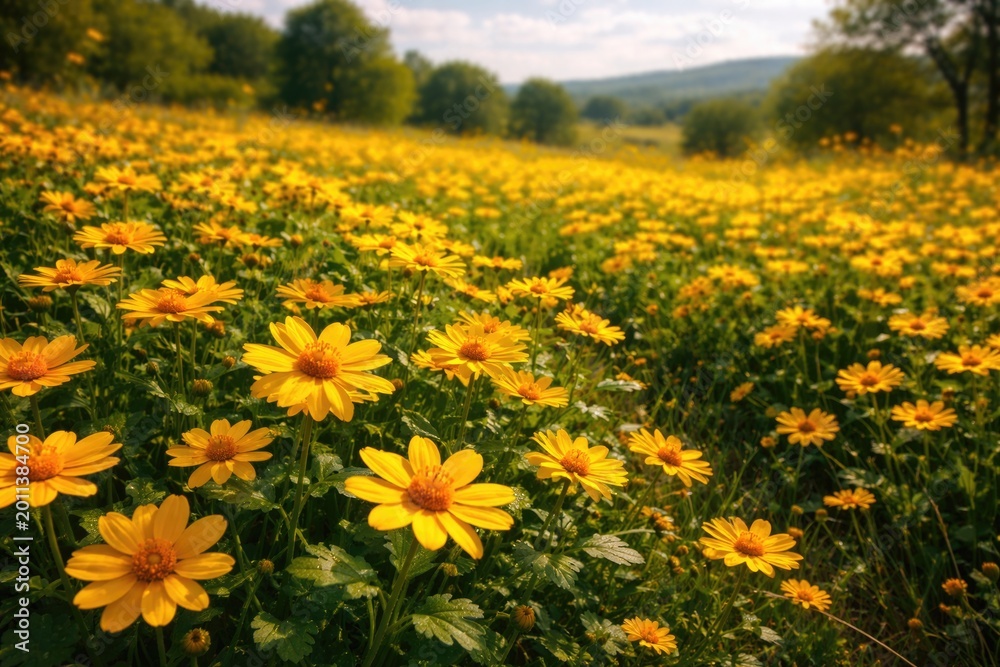 Obraz premium Radiant melampodium blooms spreading across the green meadow