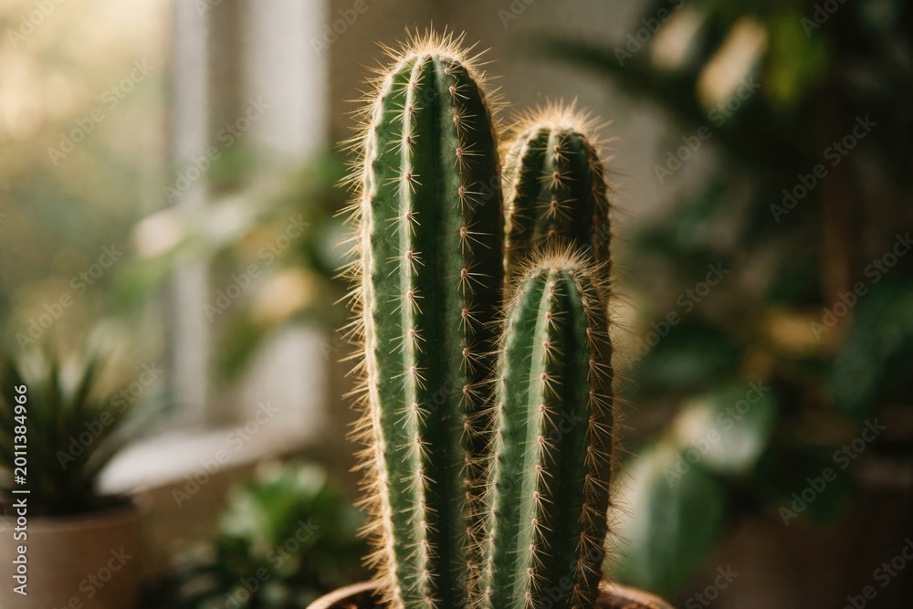 Fototapeta premium Indoor cactus showcasing grain texture and soft focus on a blurred background