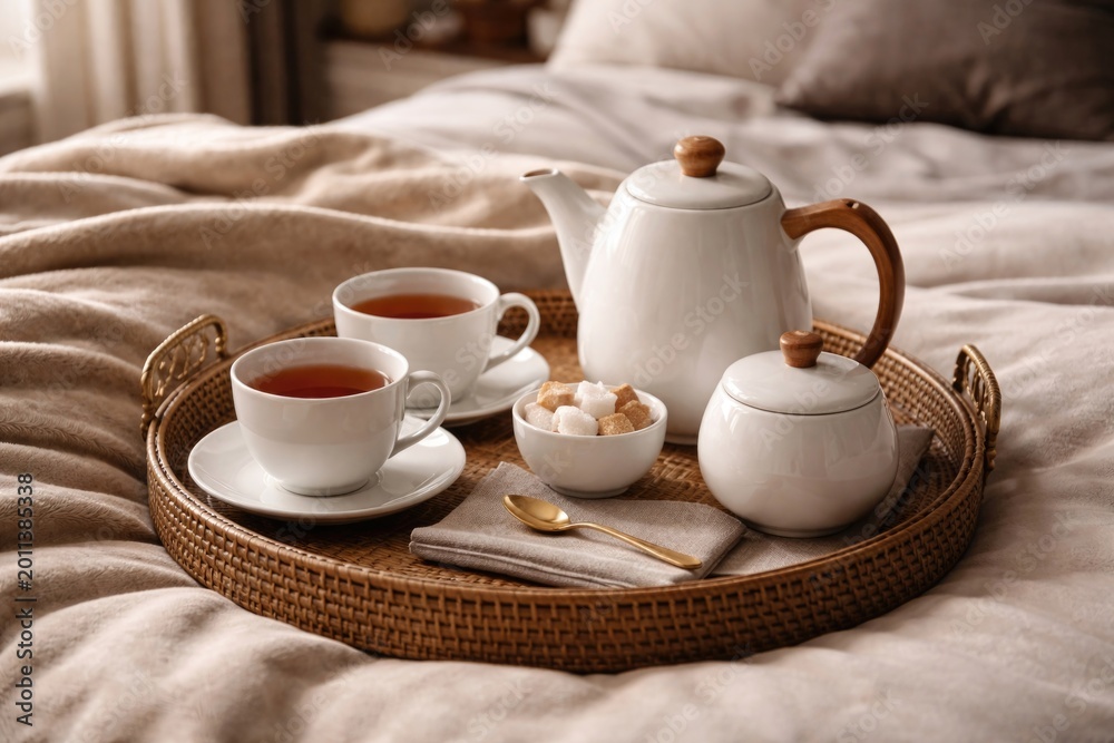 Fototapeta premium Sophisticated white ceramic tea set arranged on a stylish tray on warm bedding