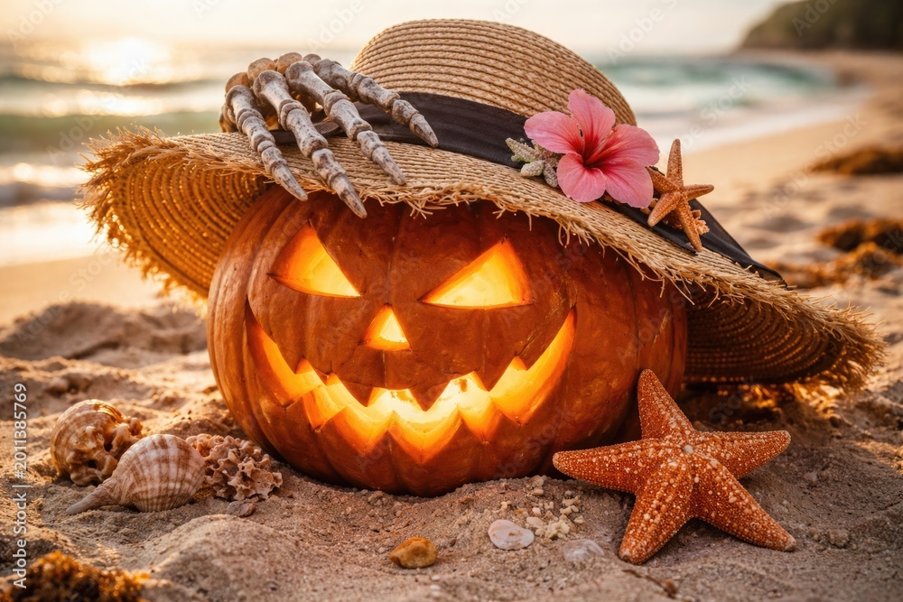 Fototapeta premium Halloween pumpkin adorned with skeleton hand, starfish, and fashionable beach hat