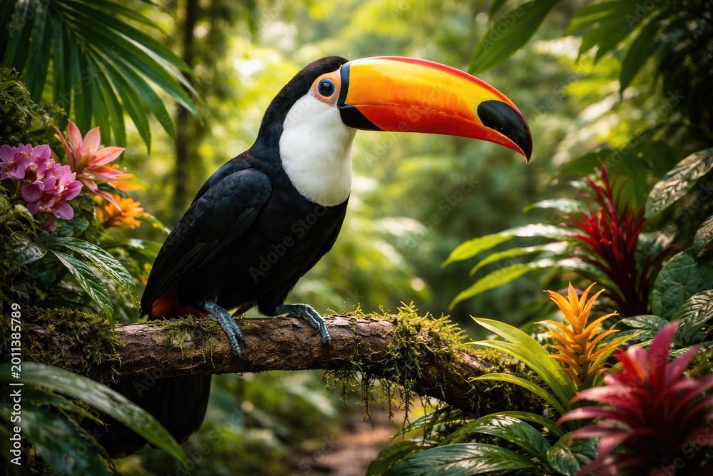 Naklejka premium tropical toucan perched on a branch amidst rich foliage and colorful jungle flowers