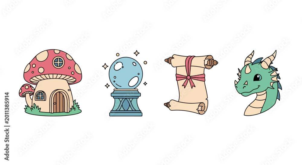 Fototapeta premium Fantasy Icons: Mushroom House, Crystal Ball, Scroll, Dragon Head - Whimsical Vector Illustrations