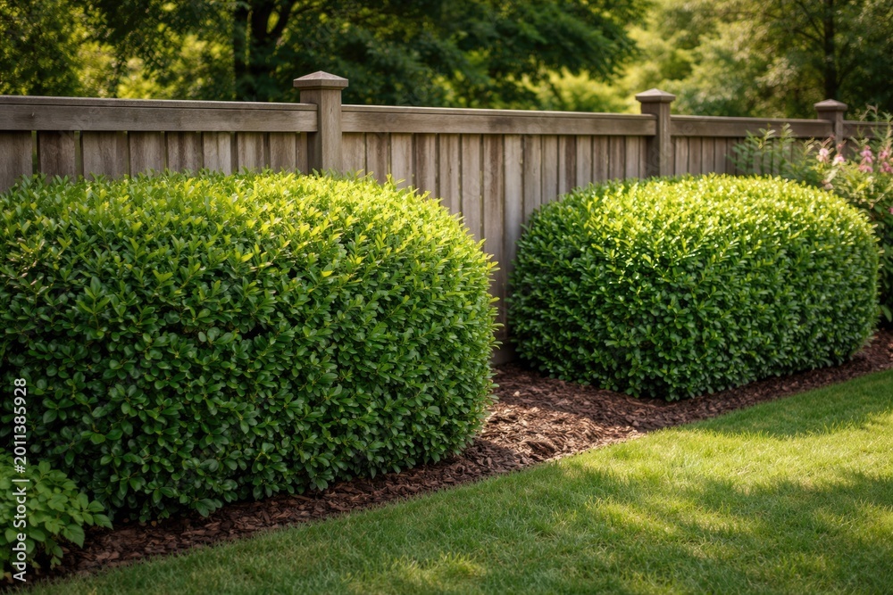 Obraz premium Two green hedge bushes outlining a garden fence edge with natural texture