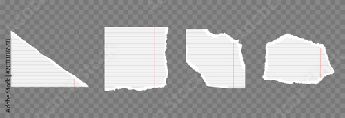 Set of torn pieces of lined paper with uneven edges PNG. Torn pieces of pages, notebook or book on a transparent background.