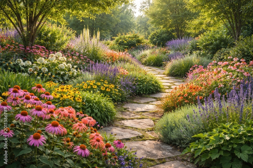 Obraz premium Garden scene featuring vivid flowers and lush plants used as a background for landscape design on Earth Day