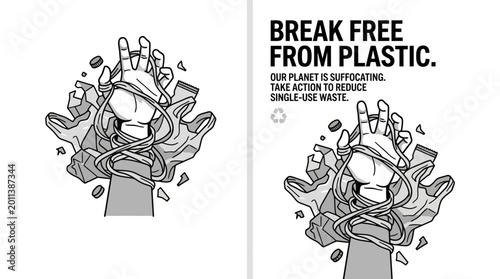 Cuadro en lienzo Break free from plastic concept illustration showing hands trapped by plastic waste