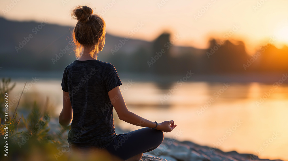Fototapeta premium Rear view of a woman sitting in lotus pose on a riverbank at sunrise practicing yoga, mental wellness concept, outdoor meditation, spiritual calm, mindfulness in nature, defocused