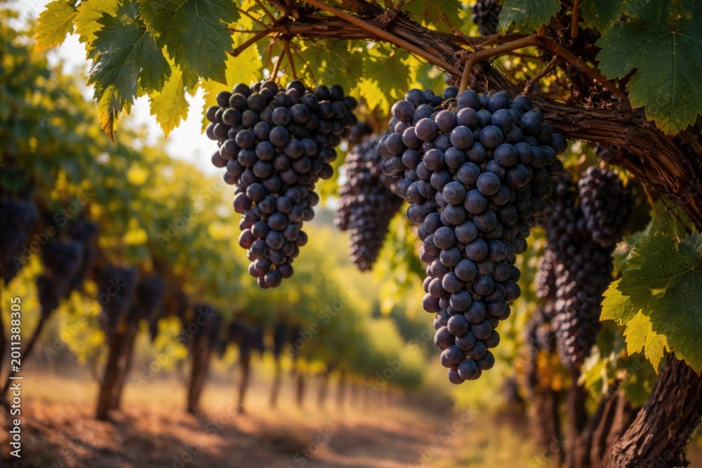 Naklejka premium Mature clusters of dark grapes thriving in scorching summer vineyard