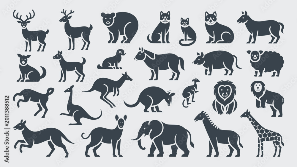 Obraz premium Wild Animal Silhouette Icon Set with Forest Safari Zoo and Wildlife Mammal Illustrations