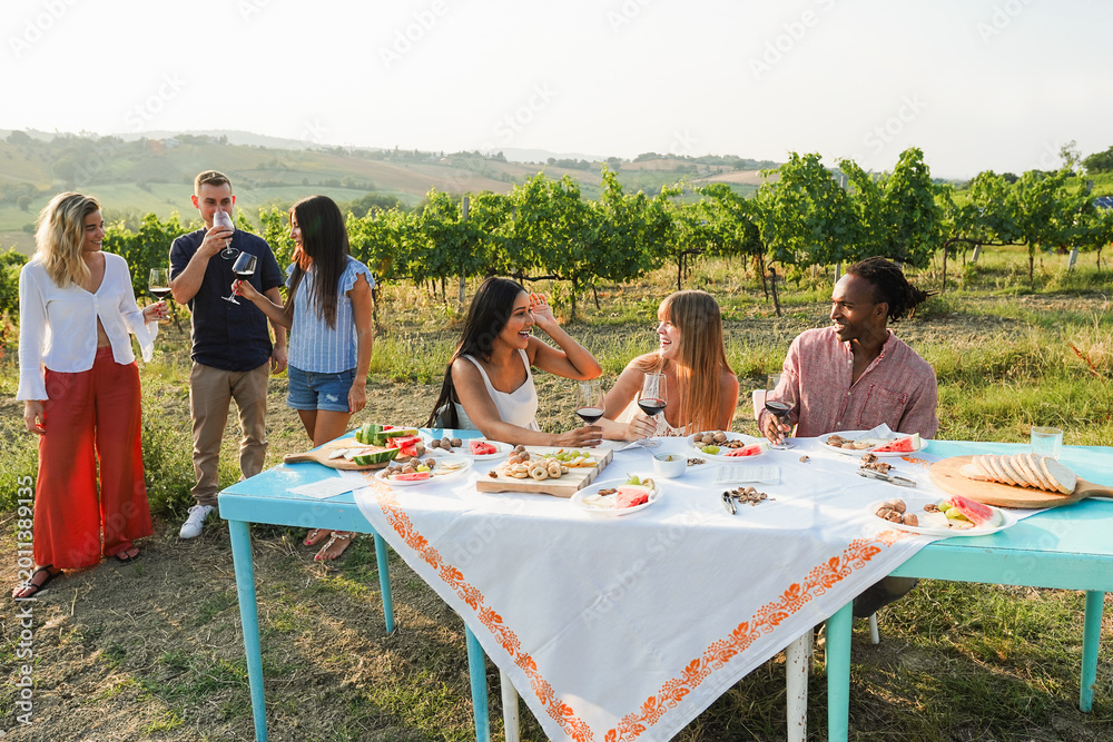 Obraz premium Happy adult friends having fun drinking red wine and eating together with vineyard in background - Multiracial people doing party at summer time in countryside resort - Main focus on right guys faces