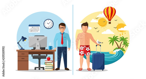 Photography A man transitioning from professional office work to a relaxing tropical vacation
